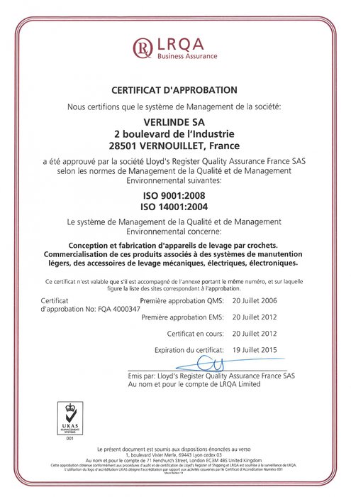 VERLINDE SA est certifiée ISO 14001 – 2004